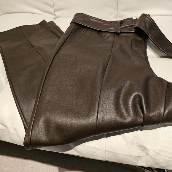 Addition Elle New cropped  chocolate brown faux leather pants w/ belt size 10. - Picture 3 of 6
